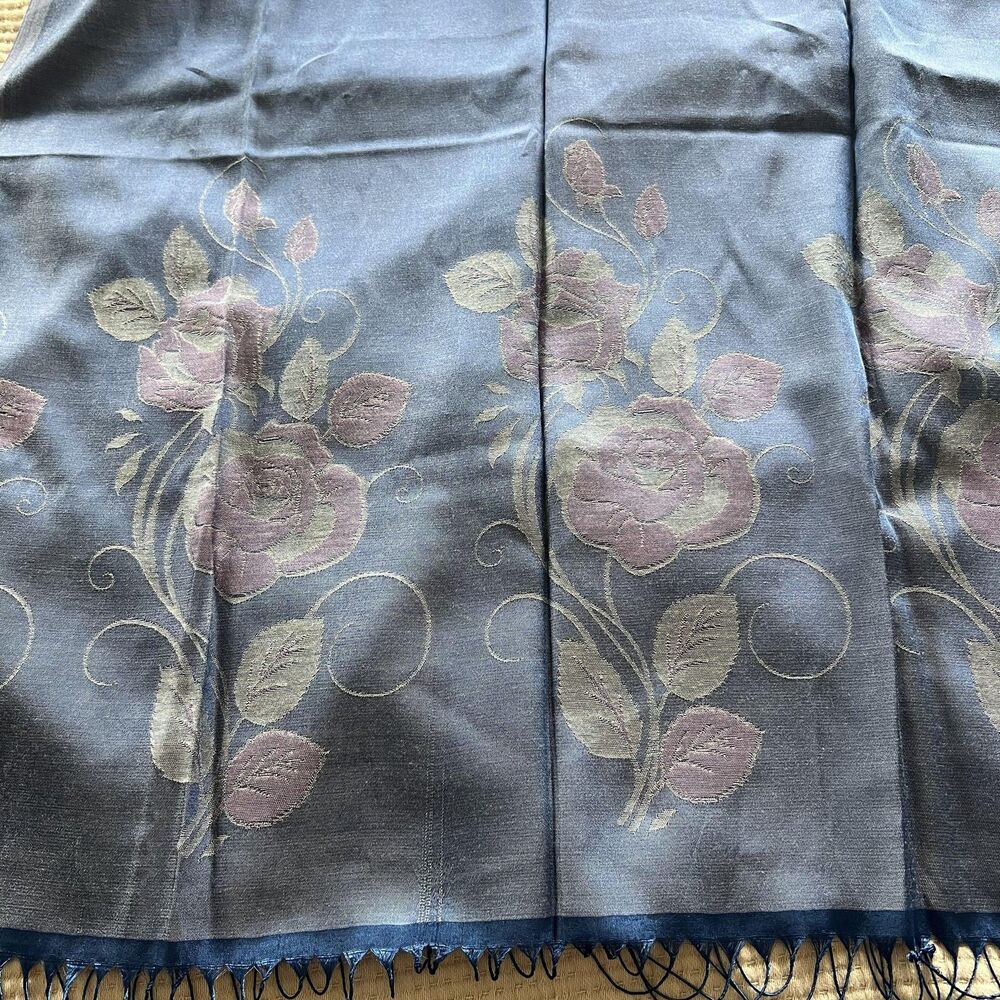 Ozsoy Aksesuar Scarf Womens Large Blue Purple Reversible Rose Floral‎ Wrap Shawl - Picture 8 of 9